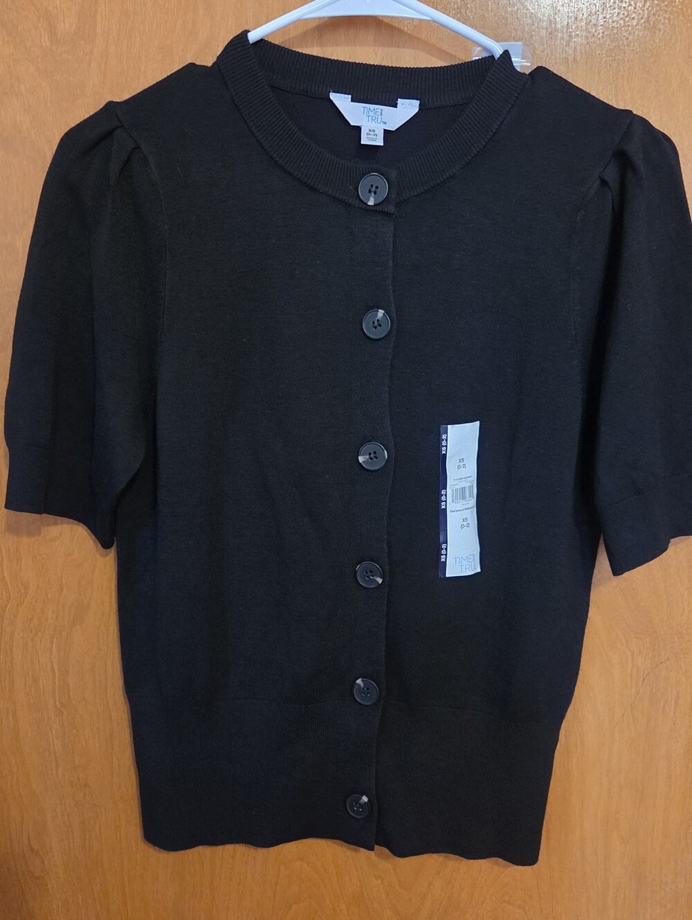 Time and Tru Black Short-Sleeve Button Front Cardigan Sweater, Size XS, NEW